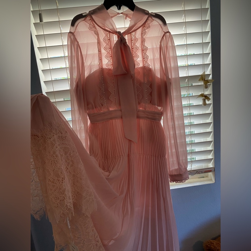 Self portrait pale pink chiffon trimmed lace midi long sleeve dress - Picture 6 of 9